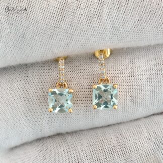 Natural Aquamarine Dangling Earrings 6mm Cushion Cut Gemstone Earrings 14k Solid Yellow Gold Earrings For Women’s