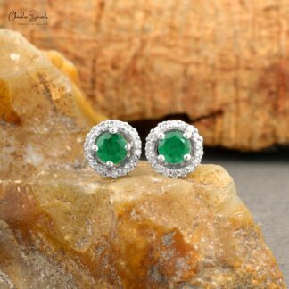 Natural Emerald Stud Earrings With Diamond Halo Solid 14k White Gold Dainty Earrings