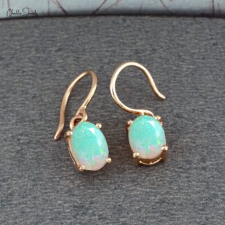 Natural Opal Earrings 7x5mm Oval Cut Gemstone Prong Set Earrings 14k Solid Rose Gold Dangle Earrings For Birthday Gift