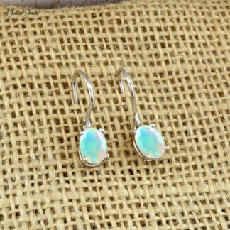Natural Opal Danglers Earrings 14k Solid White Gold Earrings 7x5mm Oval Cut Gemstone Earrings For Her
