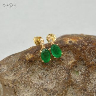 Genuine Emerald & Diamond Earrings Solid 14k Yellow Gold Stud Earrings For Her