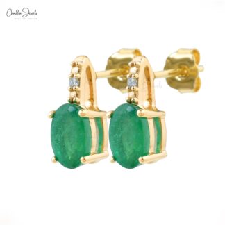 Genuine Emerald & Diamond Earrings Solid 14k Yellow Gold Stud Earrings For Her