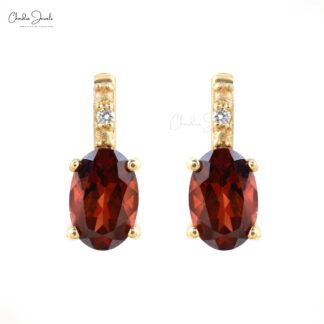 Natural Garnet Earrings 14k Solid Yellow Gold Diamond Earrings 6x4mm Oval Cut Gemstone Earrings For January Birthstone