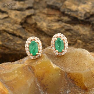 Genuine Emerald & Diamond Halo Earrings In 14k Solid Rose Gold