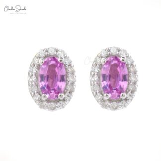 Halo Birthstone Stud In 14k White Gold Pink Sapphire And Diamond Handmade Earrings