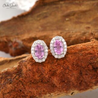 Halo Birthstone Stud In 14k White Gold Pink Sapphire And Diamond Handmade Earrings