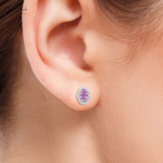 Halo Birthstone Stud In 14k White Gold Pink Sapphire And Diamond Handmade Earrings