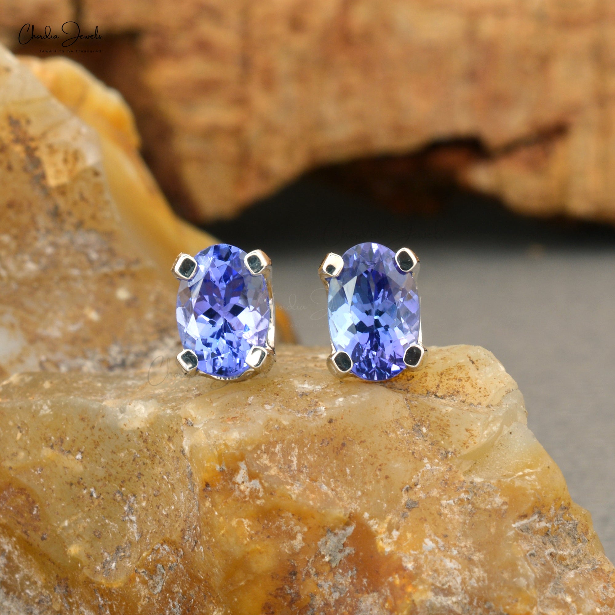 Natural Tanzanite Solitaire Earrings In Real 14k White Gold Oval 6x4mm Gemstone Jewelry