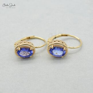 Natural 1.6ct Tanzanite Dangle Earrings 14k Solid Yellow Gold Leverback Earring For Gift
