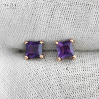 Natural Amethyst Gemstone Square Studs in 14k Rose Gold February Birthstone Solitaire Studs