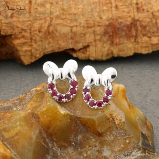 Mickey Head Kids Earring With 2mm Burma Ruby July Birthstone Studs In 14k White Gold