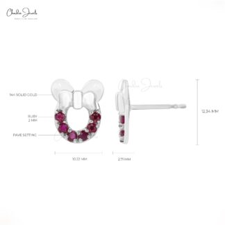 Mickey Head Kids Earring With 2mm Burma Ruby July Birthstone Studs In 14k White Gold