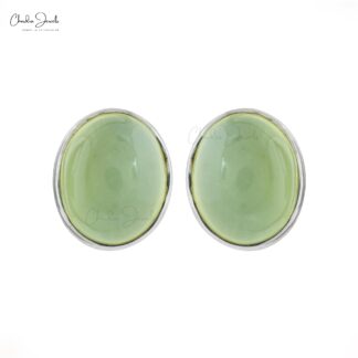 Genuine Prehnite Earrings 1.63 Carats Oval Cabochon Dainty Earrings 14k Solid White Gold Earrings For Wedding Gift