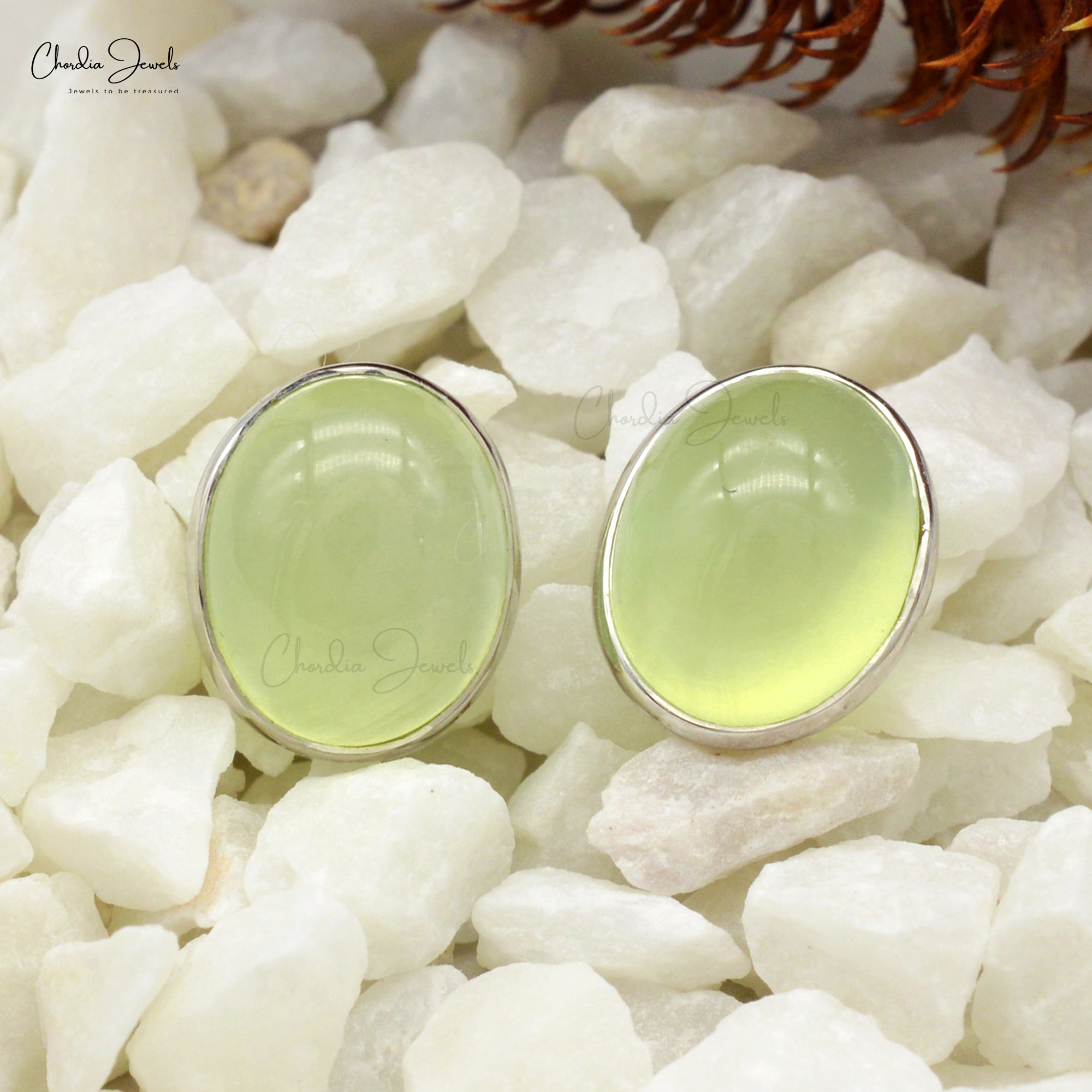 Genuine Prehnite Earrings 1.63 Carats Oval Cabochon Dainty Earrings 14k Solid White Gold Earrings For Wedding Gift