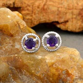 Natural Amethyst 5mm Round Brilliant Cut Spiral Studs, 0.84 Ct February Birthstone Gemstone Stud Earrings, 14k Solid White Gold 4-Prong Set Minimalist Jewelry For Birthday Gift