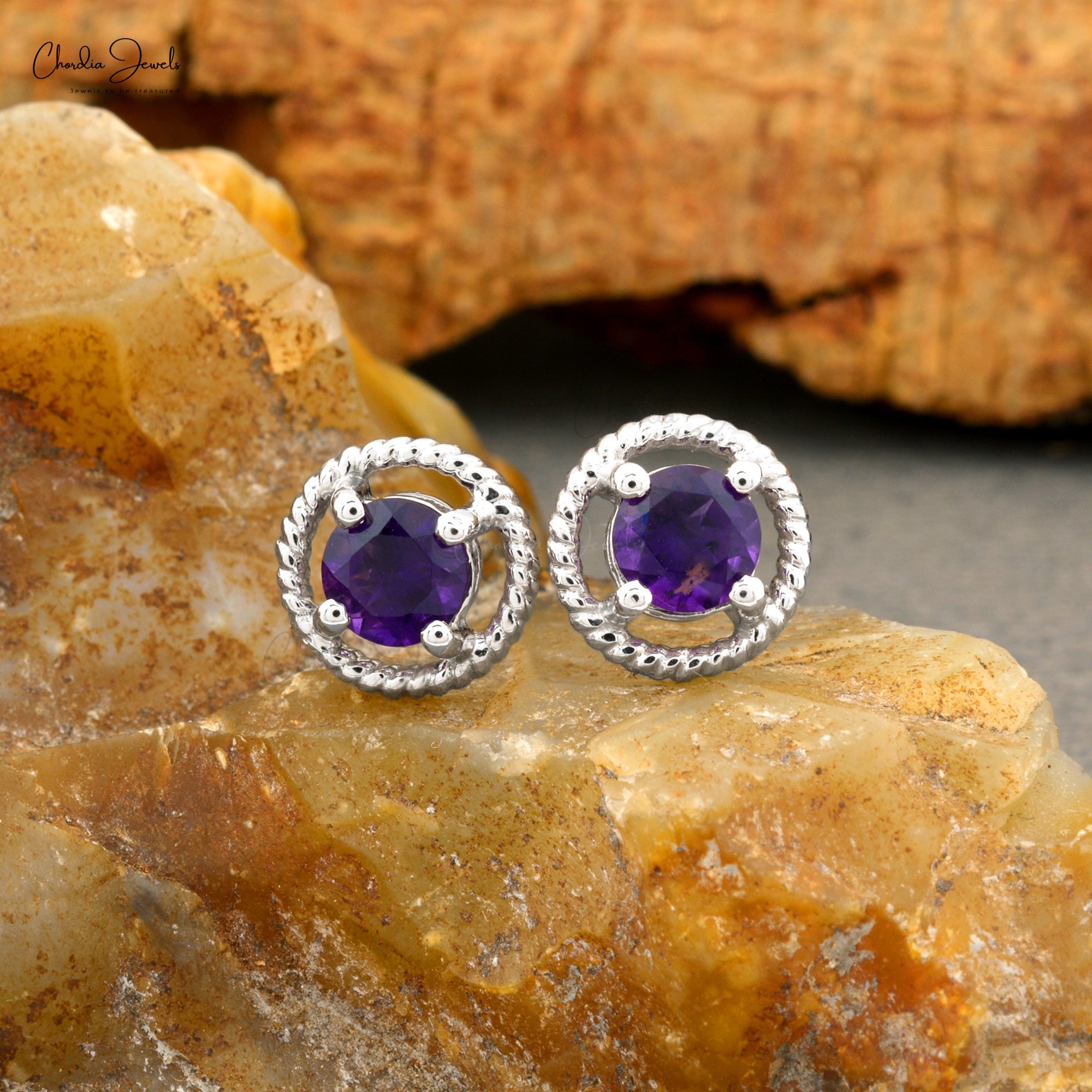 Natural Amethyst 5mm Round Brilliant Cut Spiral Studs, 0.84 Ct February Birthstone Gemstone Stud Earrings, 14k Solid White Gold 4-Prong Set Minimalist Jewelry For Birthday Gift
