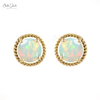 Natural Opal Earrings For Her 14k Solid Yellow Gold Push Back Earrings 5mm Round Cut Gemstone Dainty Earrings For Wedding Gift