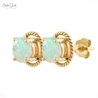 Natural Opal Earrings For Her 14k Solid Yellow Gold Push Back Earrings 5mm Round Cut Gemstone Dainty Earrings For Wedding Gift