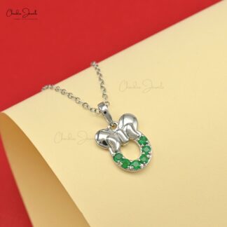 Natural Emerald Mickey Mouse Pendant In 14k Solid White Gold Gemstone 2mm Round Jewelry