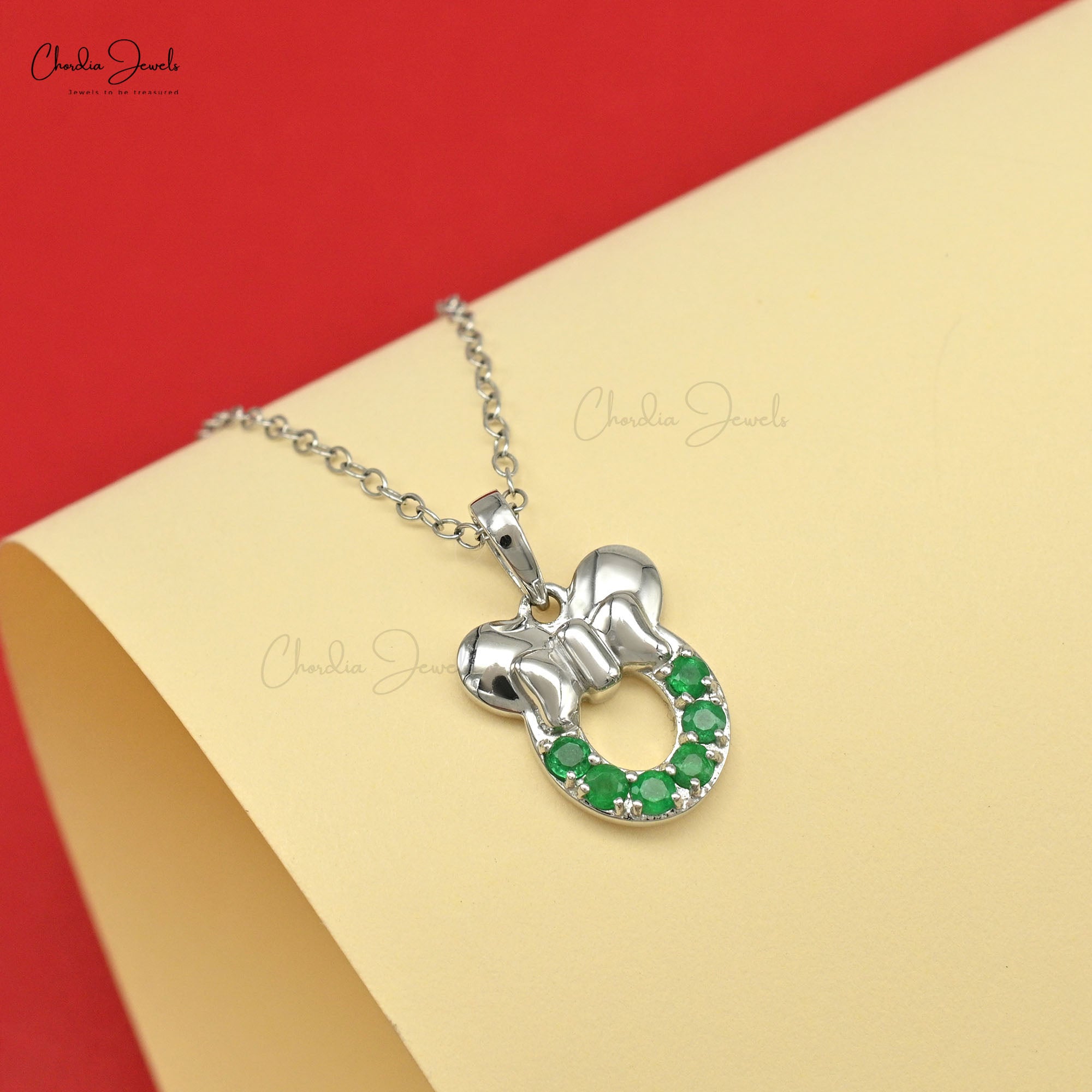 Natural Emerald Mickey Mouse Pendant In 14k Solid White Gold Gemstone 2mm Round Jewelry