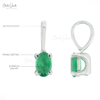 Natural Emerald Gemstone Solitaire Pendant In 14k White Gold