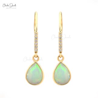 Natural Ethiopian Opal Dainty Earrings 14k Solid Yellow Gold White Diamond Earrings For Birthday Gift Pear Cut Gemstone Fine Jewelry