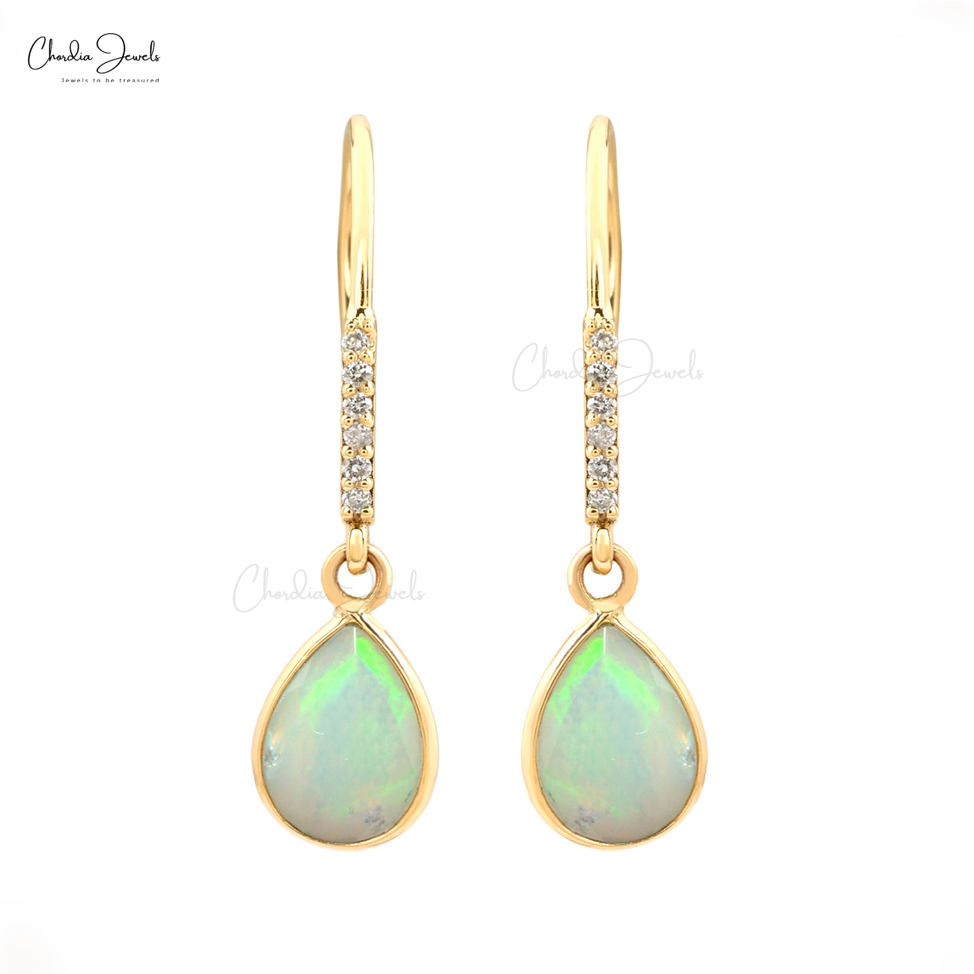 Natural Ethiopian Opal Dainty Earrings 14k Solid Yellow Gold White Diamond Earrings For Birthday Gift Pear Cut Gemstone Fine Jewelry