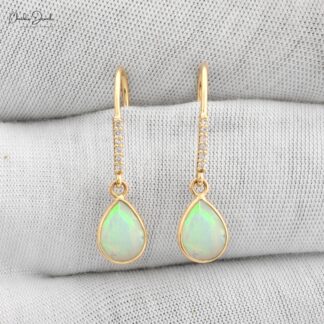 Natural Ethiopian Opal Dainty Earrings 14k Solid Yellow Gold White Diamond Earrings For Birthday Gift Pear Cut Gemstone Fine Jewelry