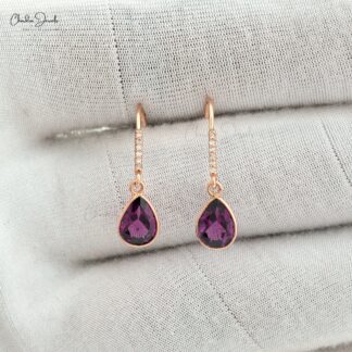 Genuine Rhodolite Garnet Dainty Earrings 1.16 Carats Pear Cut Gemstone Earrings 14k Solid Rose Gold White Diamond Dangle Earrings For Anniversary Gift