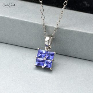 Gemstone Cluster Pendant With 3mm Tanzanite 4 Stone Daughter Necklace In 14k White Gold