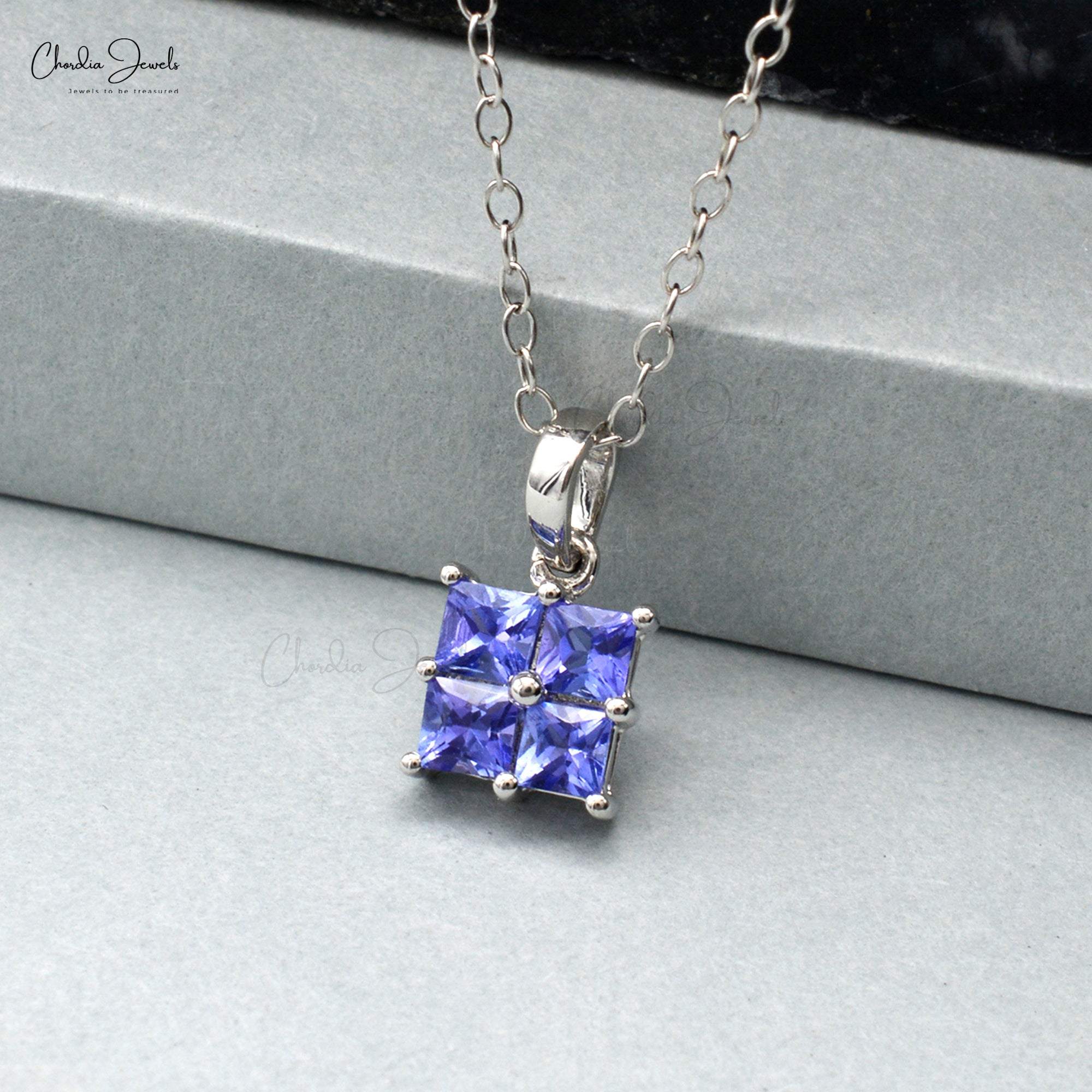 Gemstone Cluster Pendant With 3mm Tanzanite 4 Stone Daughter Necklace In 14k White Gold