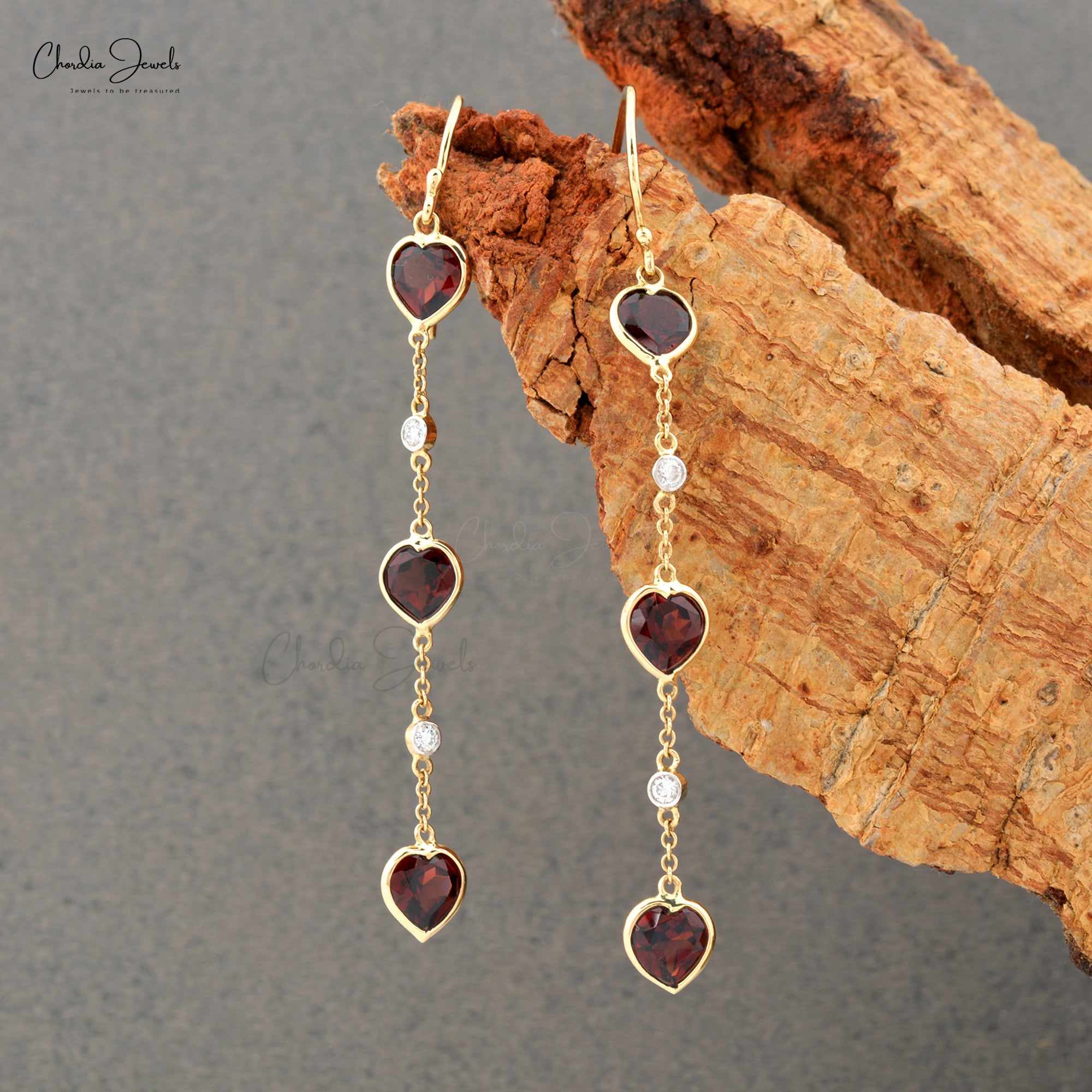 Heart Cut Natural Red Garnet Dangling Earring in 14k Solid Yellow Gold