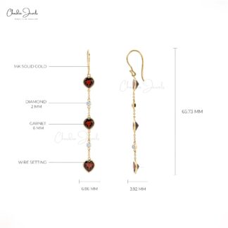 Heart Dangle Earring In 14k Yellow Gold Red Garnet And Diamond Ear Wire Wedding Earrings