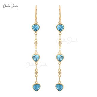 Genuine Swiss Blue Topaz 14k Solid Yellow Gold Diamond Earrings 6mm Heart Cut Gemstone Antique Art Deco Earrings For Her