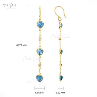 Genuine Swiss Blue Topaz 14k Solid Yellow Gold Diamond Earrings 6mm Heart Cut Gemstone Antique Art Deco Earrings For Her