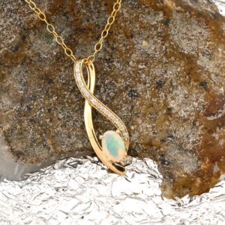 Natural Opal Gemstone Overlay Pendant in 14k Yellow Gold Diamond Handmade Necklace