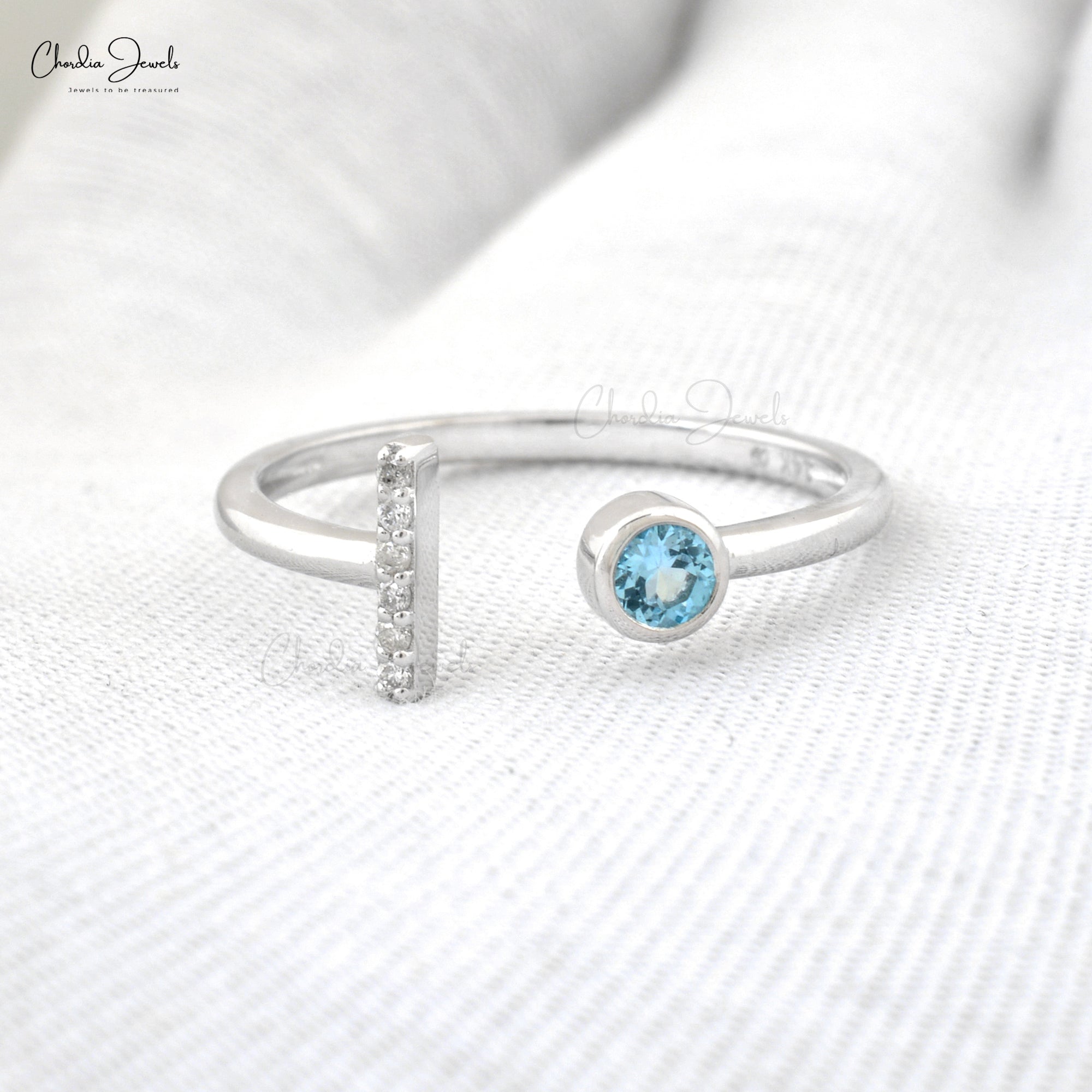 Genuine Aquamarine Split Shank Ring With Pave Diamond Bar Accents In14k White Gold Ring