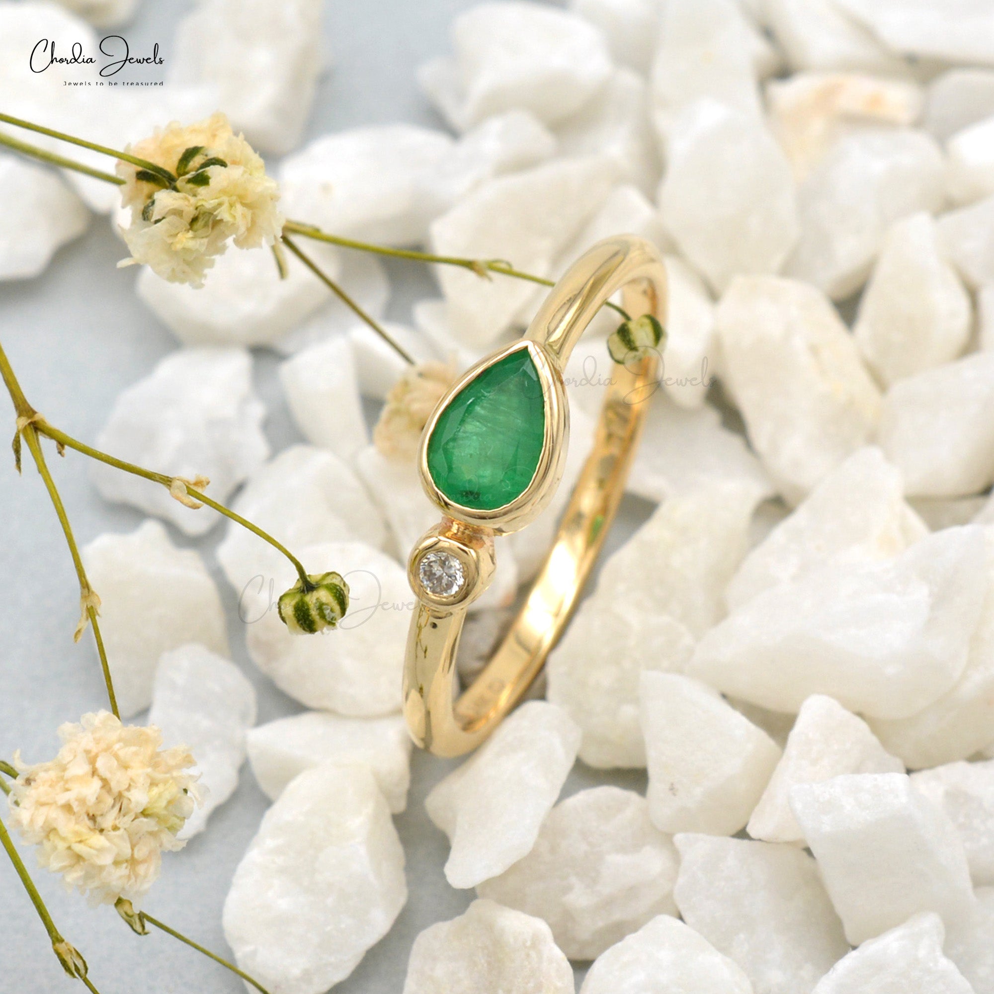Genuine Emerald & Diamond 2-Stone Ring In Solid 14k Yellow Gold