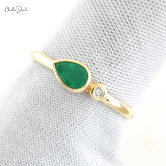 Genuine Emerald & Diamond 2-Stone Ring In Solid 14k Yellow Gold