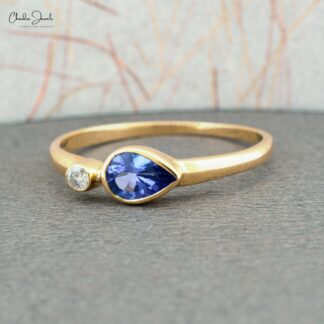 Gemstone Bezel Set Ring In 14k Solid Yellow Gold Tanzanite And Diamond 2 Stone Rings