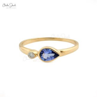 Gemstone Bezel Set Ring In 14k Solid Yellow Gold Tanzanite And Diamond 2 Stone Rings