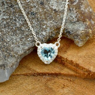 Genuine Aquamarine & Diamond Halo 14k White Gold Heart Necklace