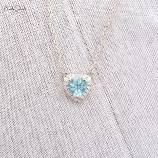 Genuine Aquamarine & Diamond Halo 14k White Gold Heart Necklace