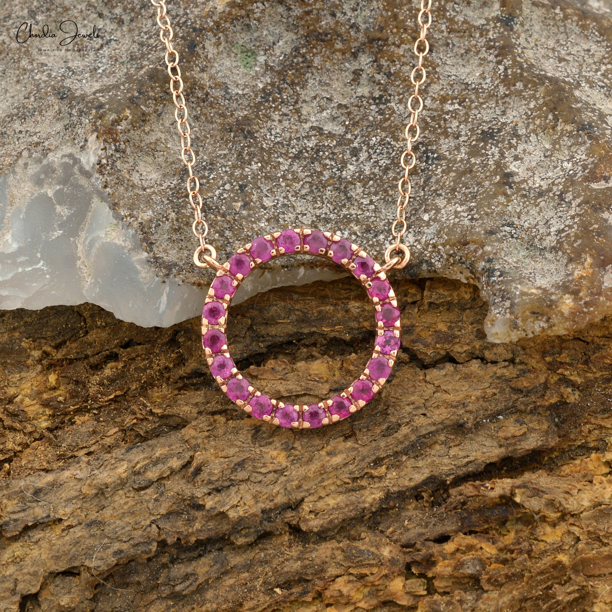 Natural Burma Ruby Open Circle Eternity Chain Necklace in Solid 14k Rose Gold