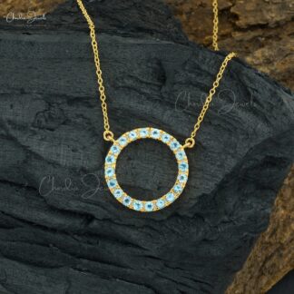 Genuine Swiss Blue Topaz Circle Necklace In 14k Yellow Gold