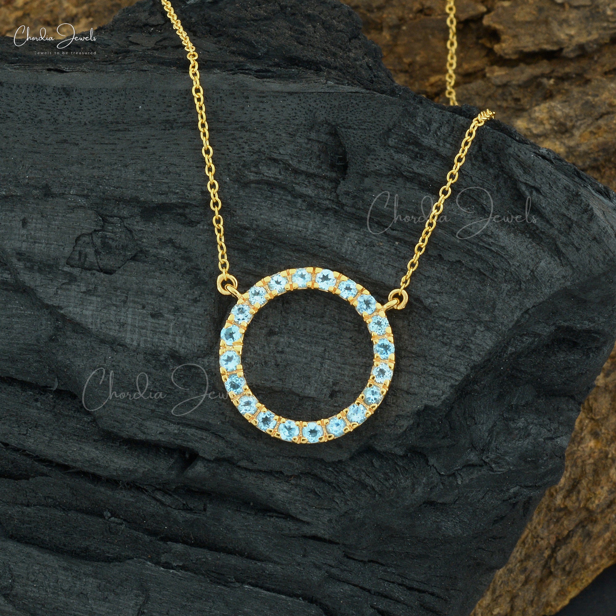 Genuine Swiss Blue Topaz Circle Necklace In 14k Yellow Gold
