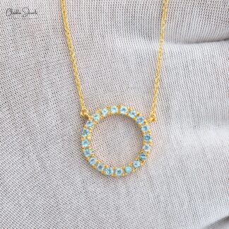 Genuine Swiss Blue Topaz Circle Necklace In 14k Yellow Gold