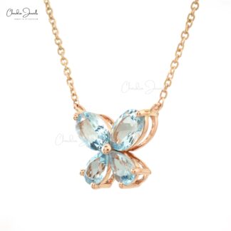 Natural Aquamarine 4 Stone Necklace In 14k Solid Rose Gold March Birthstone Fine Jewelry