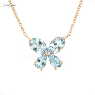 Natural Aquamarine 4 Stone Necklace In 14k Solid Rose Gold March Birthstone Fine Jewelry