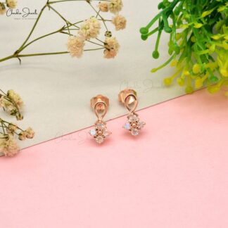 Natural Rainbow Moonstone Cluster Earrings 2mm Round Cut Gemstone 14k Solid Rose Gold Dainty Earrings For Her